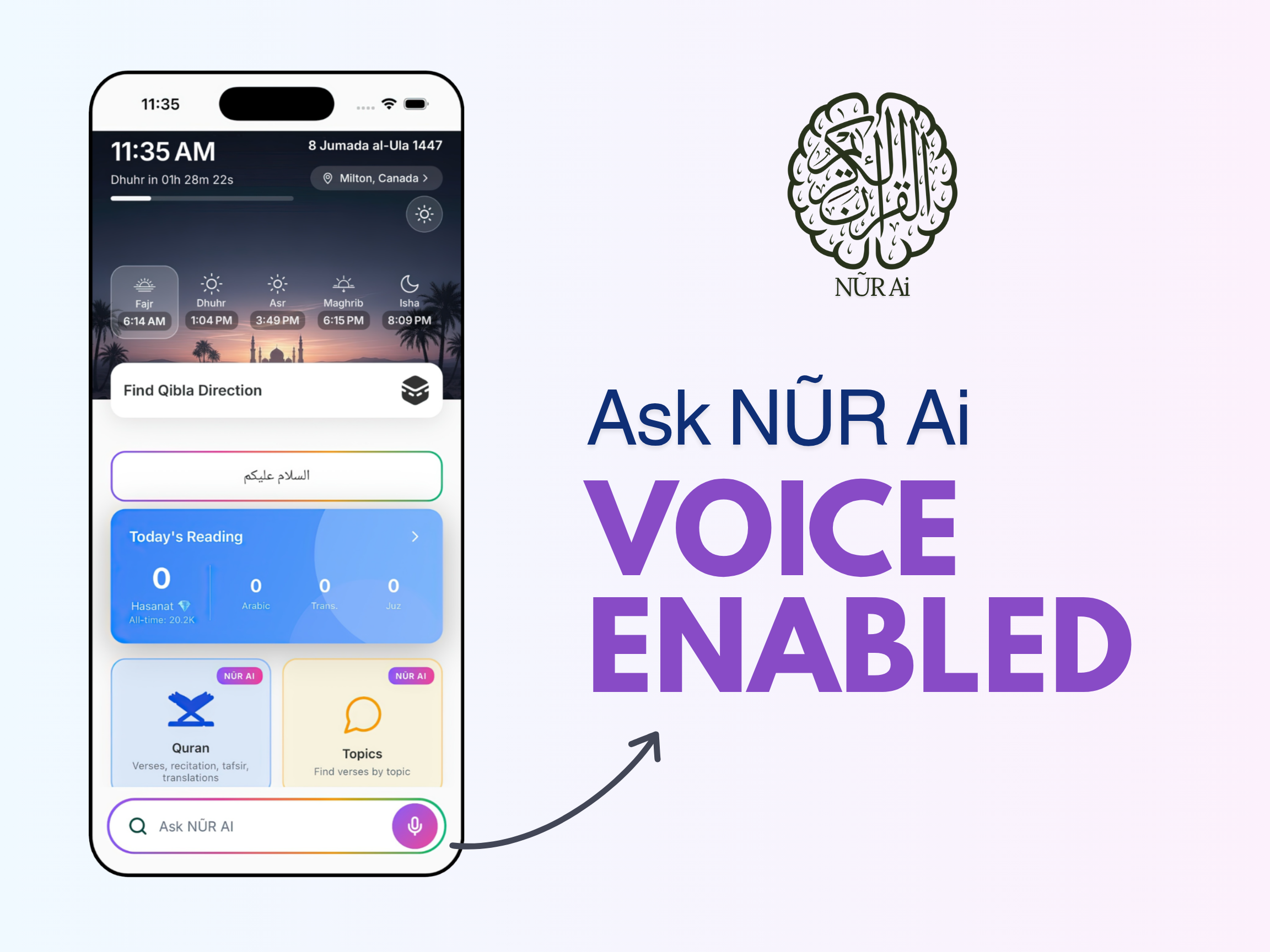 NŨR AI Quran app mockup on iPhone and Android devices showing the main dashboard and AI Search screen